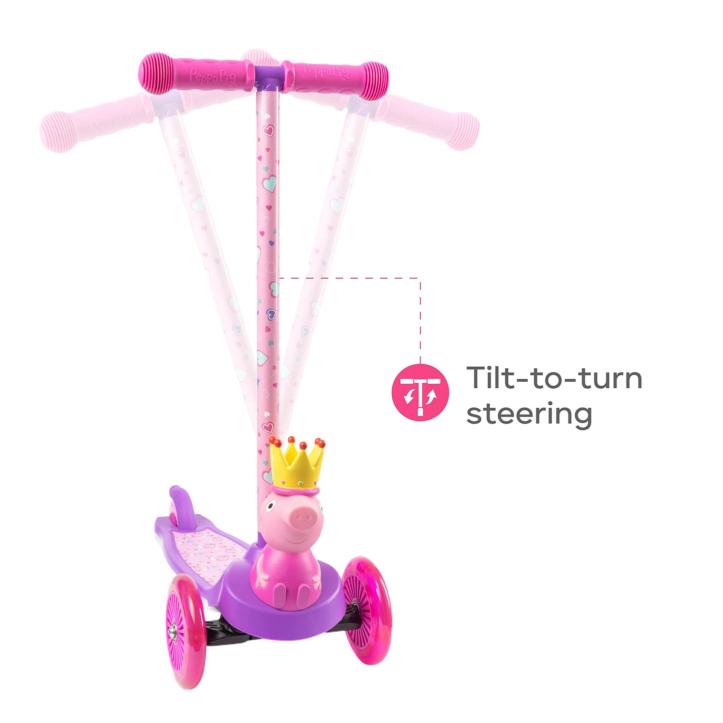 Peppa Pig Kick Scooter For Kids, Self-Balancing 3 Wheeled Light Up Scooter With Extra Wide Anti-Slip Deck, Rear Brake, Lean To S