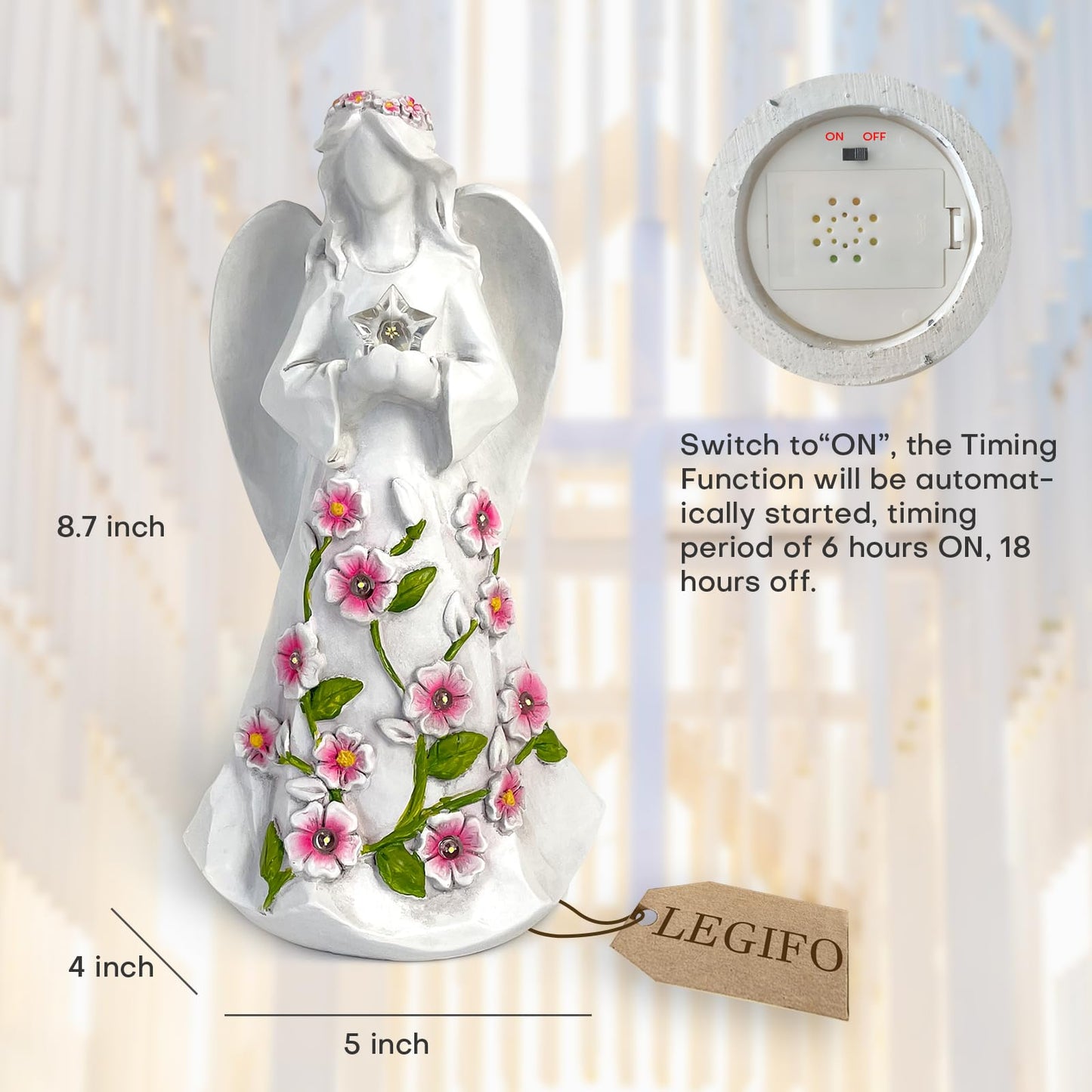 Legifo Guardian Angel Figurines With Light Star Battery Operated Angel Statue Decor, Birthday Gift For Grandma Grandmother Aunt Birthday Gift (With Timing Function)