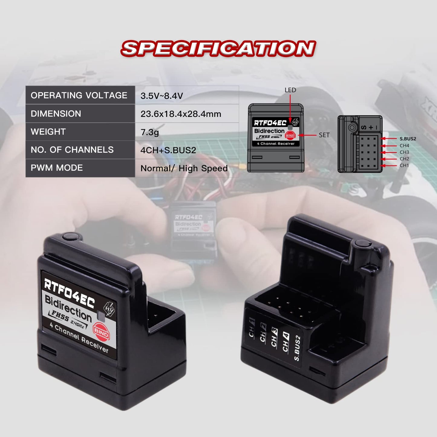 4CH S.BUS2 8.4V High Voltage Internal Antenna RC Car Receiver Compatible with T-FHSS(RTF04EC)