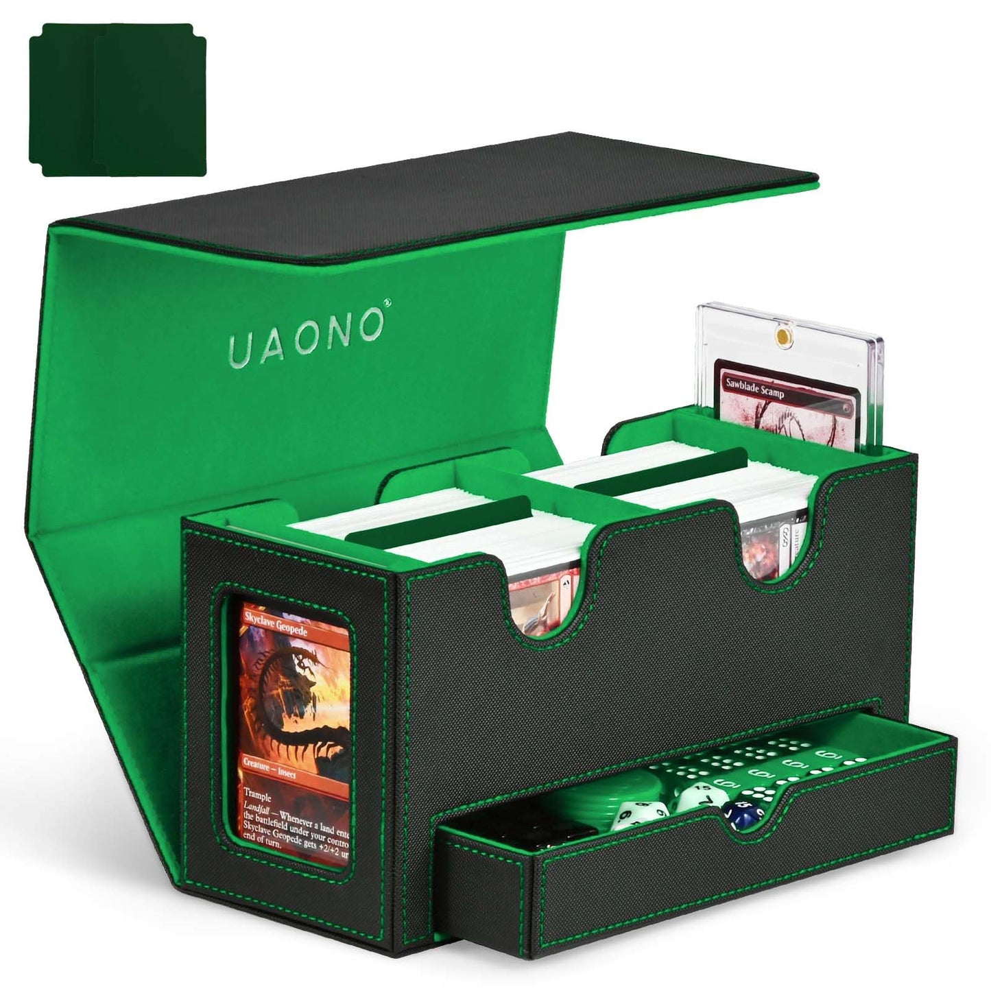 Uaono Card Deck Box For Mtg, Double Card Storage Box With 2 Commander Display & 1 Dice Tray, Fits 200+ Double Sleeved Cards, Card Organizer For Ccg Tcg Sports Cards (Black Green)