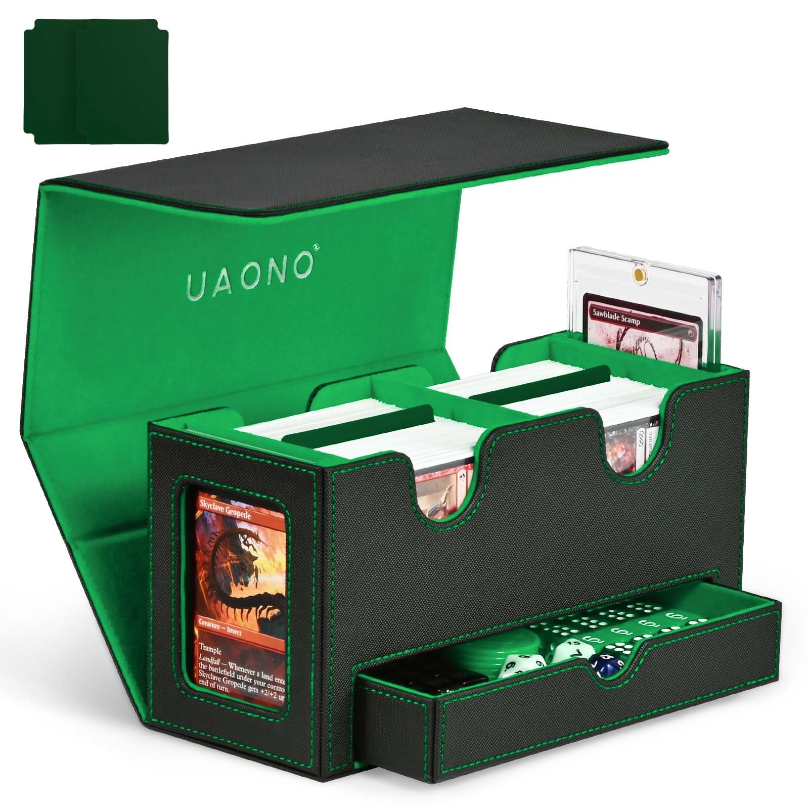 Uaono Card Deck Box For Mtg, Double Card Storage Box With 2 Commander Display & 1 Dice Tray, Fits 200+ Double Sleeved Cards, Card Organizer For Ccg Tcg Sports Cards (Black Green)
