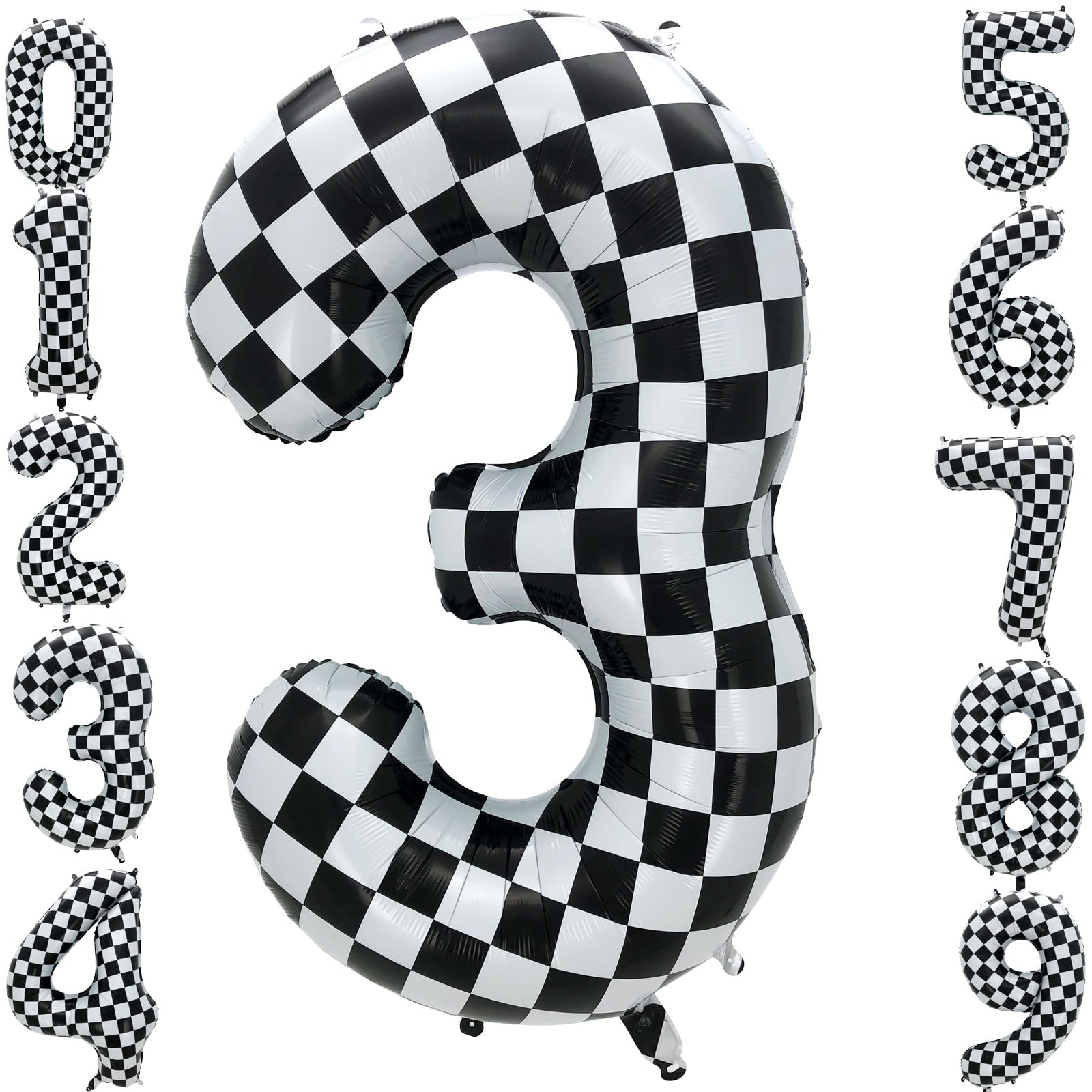 Eoopoon 42 Inch Checkered Number Balloon 3, 3rd Race Car Flag Birthday Party Supplies for Boys Girls, Large Black and White Numb