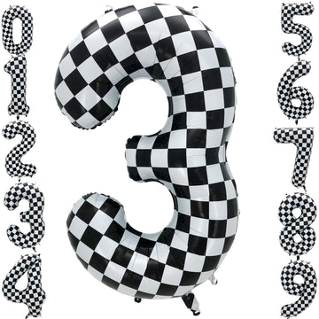 Eoopoon 42 Inch Checkered Number Balloon 3, 3rd Race Car Flag Birthday Party Supplies for Boys Girls, Large Black and White Numb