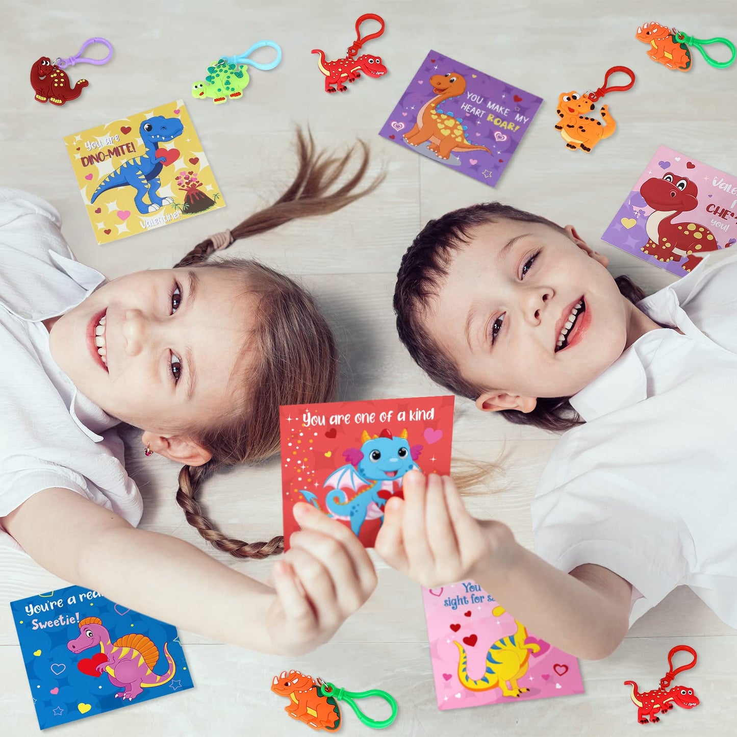 24 Pieces Valentines Day Gifts for Kids Cartoon Cards with Keychains, Valentines Greeting Cards for Classroom Exchange Cards an