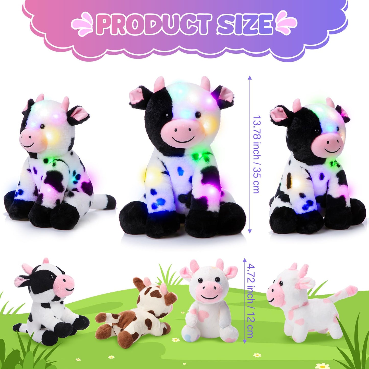 Sumind 5 Pcs Cow Plush Animals Set 13.78 Inch Mommy Cow Stuffed Animal With 4 Baby Cute Calf In Her Tummy Mommy And Small Plush For Baby Shower Boys Girls(Led)