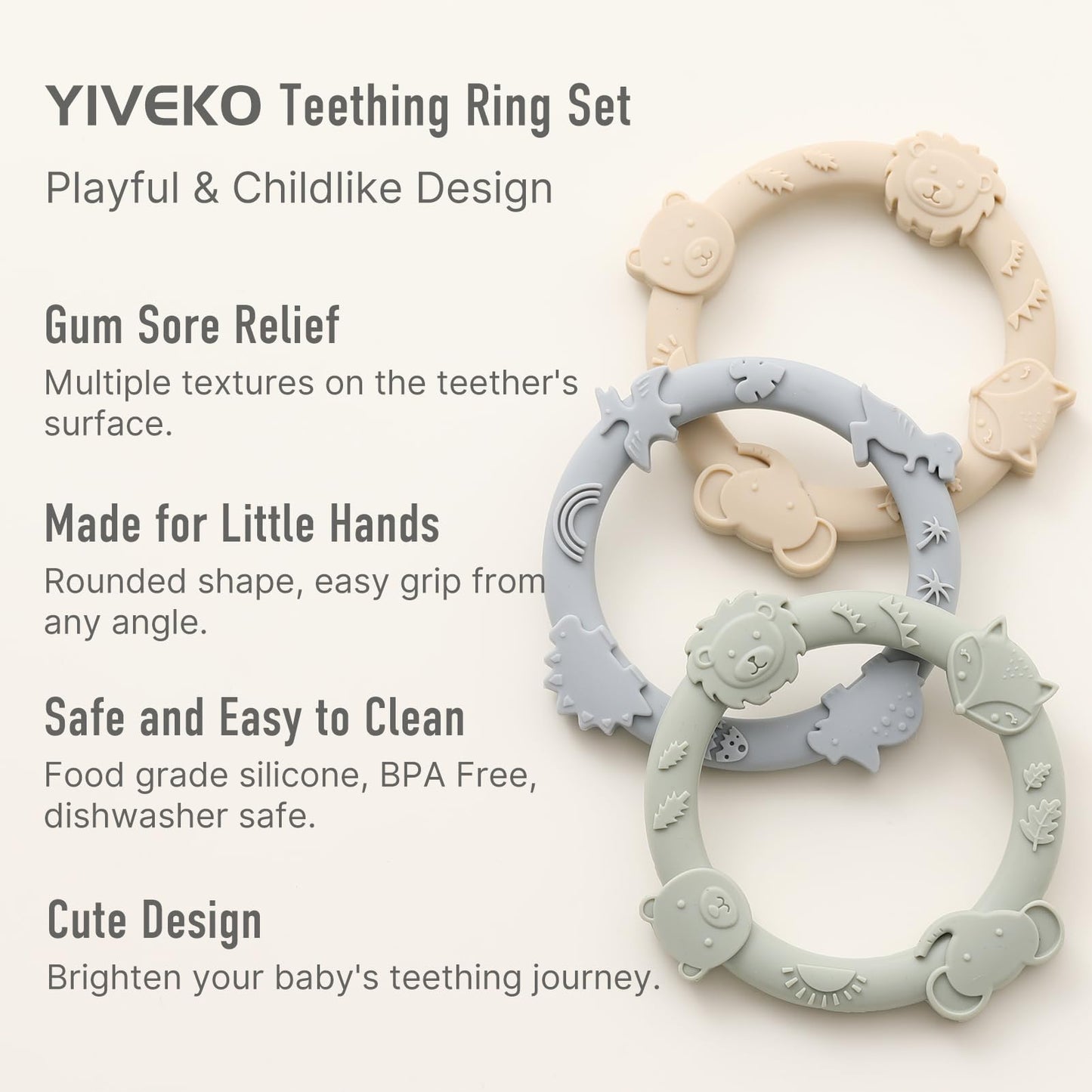 YIVEKO Silicone Teethers for Babies 0-6 6-12 Months Teething Toys for Infants Baby Chew Toys for Sucking Needs Baby Teething Rings for Infant Boys and Girls 3 Pack-Dinosaur-Baby Blue