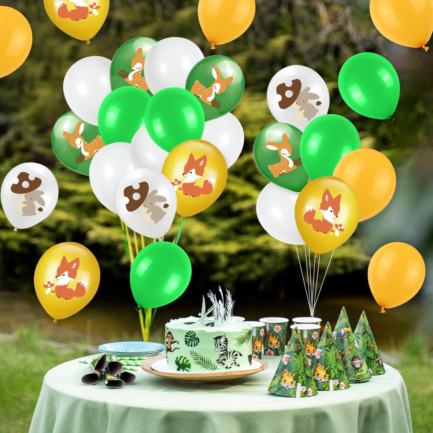 Animal Balloons, 12 Inch Jungle Safari Balloons Animal Rabbit Sika Deer Fox Squirrel Print Balloons Green White Yellow Jungle Sa