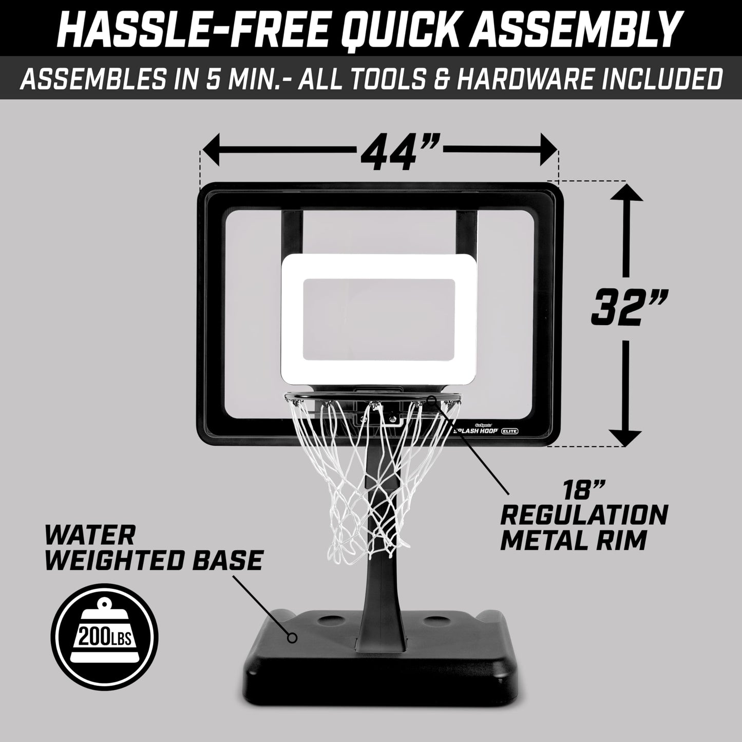 GoSports Splash Hoop advanced Pool Hoop Basketball Game with Water Weighted Base  Adjustable Height  Regulation Steel Rim and 2 Pool Basketballs - Blue  White  or Black