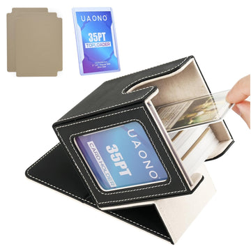 Uaono Card Deck Box With Mtg Commander Display, Deck Case Holds 100+ Double-Sleeved Cards, Trading Card Storage Box Fits Tcg/Ptcg/Sports Card With 2 Dividers, 1 Toploader (Black, Gold)