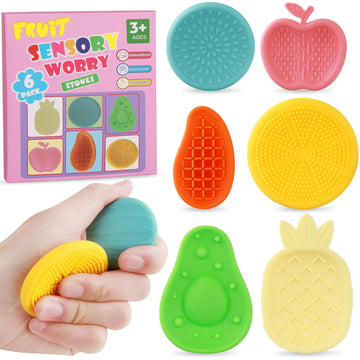 Fidget Toys Sensory Stone For Kids: 6Pcs Fruit Silicone Textured Worry Stones For Autism Kids - Stress Toys For Students Anxiety Relief - Small Prizes- Gifts Christmas Stocking Stuffers For Kids