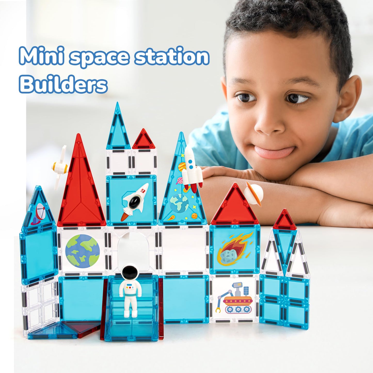 MENYORD Space Exploration Magnetic Tiles (39PCS) STEM Building Set with Rocket & Astronaut Preschool Learning Building Set for Ages 3-8  for Boys Girls (Satellite  Spaceship)