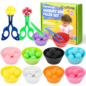 Icraftine 114 Pcs Fine Motor Skills Sensory Bin Filler Includes 10 Sorting Bowls, 100 Pom Poms, 2 Tweezers, 2 Scooper Scissors F