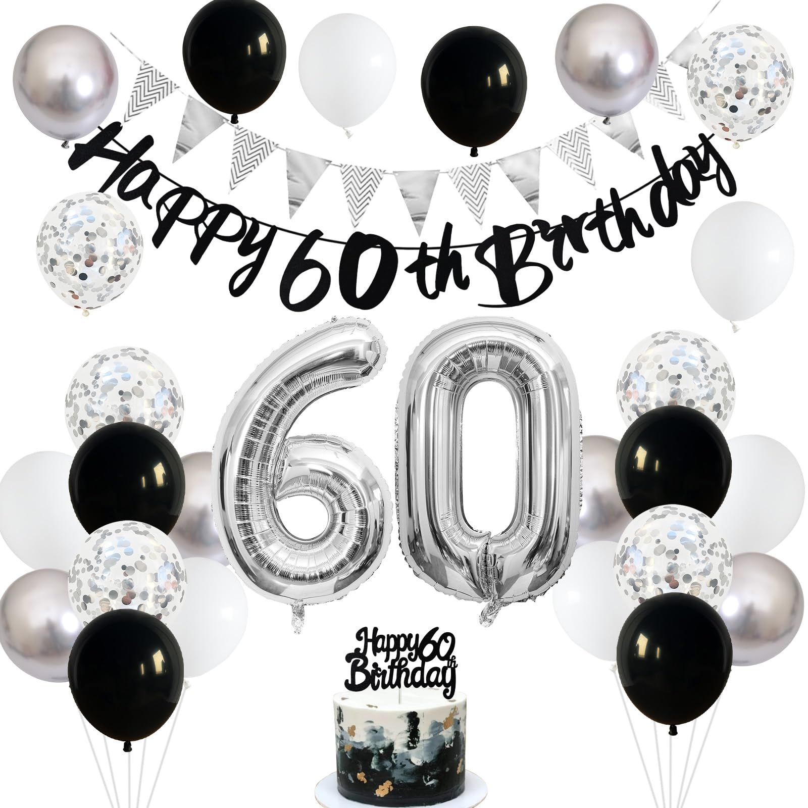60Th Birthday Decorations For Men Women, Black Silver White Birthday Balloons, Black Happy 60Th Birthday Banner Birthday Cake To