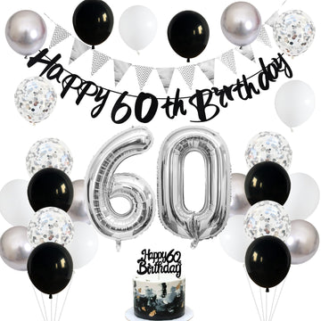 60Th Birthday Decorations For Men Women, Black Silver White Birthday Balloons, Black Happy 60Th Birthday Banner Birthday Cake To