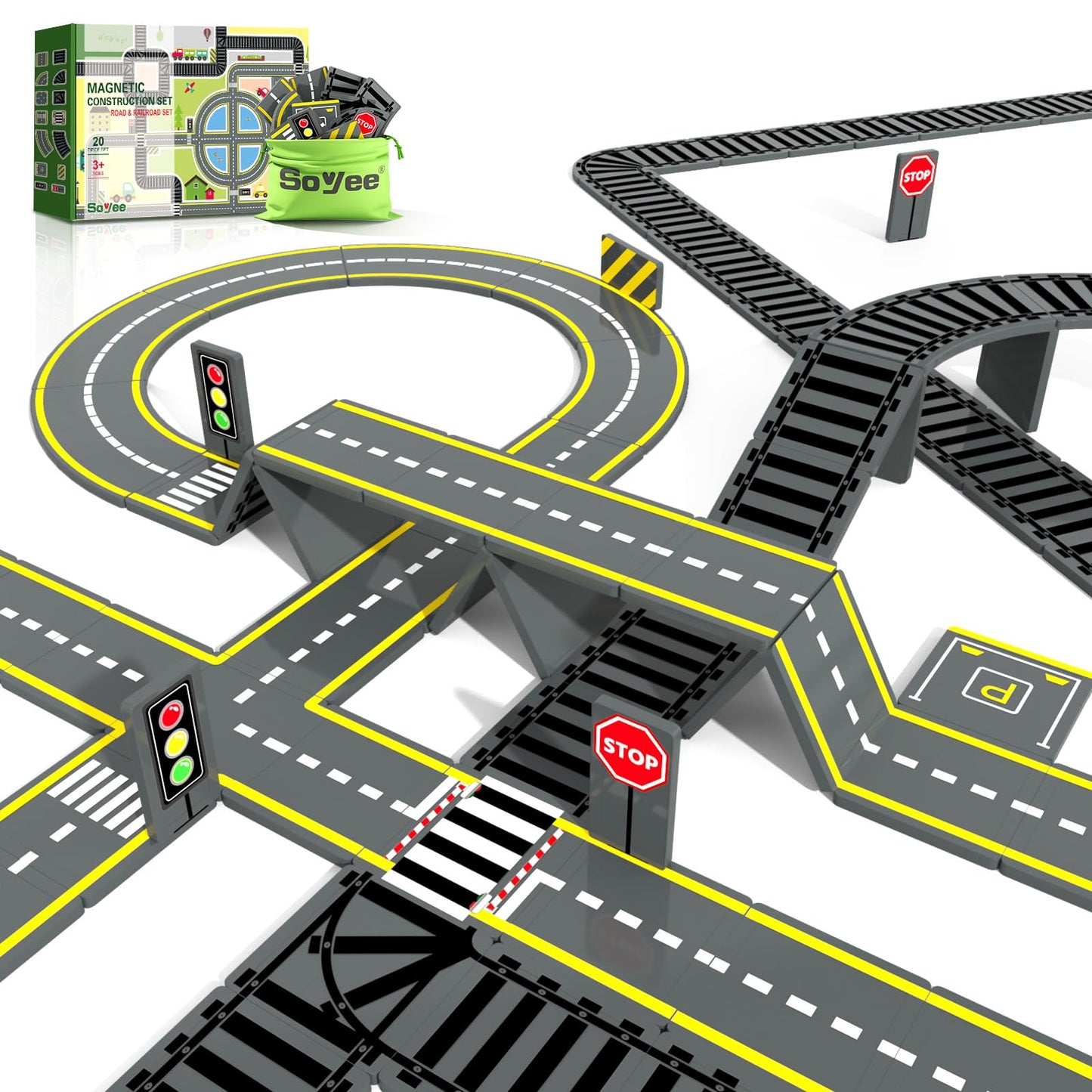 Magnetic Tiles Road & Train Track Expansion Pack Magnetic Building Blocks Construction Toys Kids Toys For Ages 3-12 Boys Girls Building Toys Includes Road Tracks, Traffic Lights, Parking Spot
