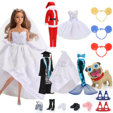 11.5-Inch Themed Doll Clothes & Accessories - Educational Role Play Gift Set for Girls with 1 Doll, 5 Outfits (Santa, Wedding, G