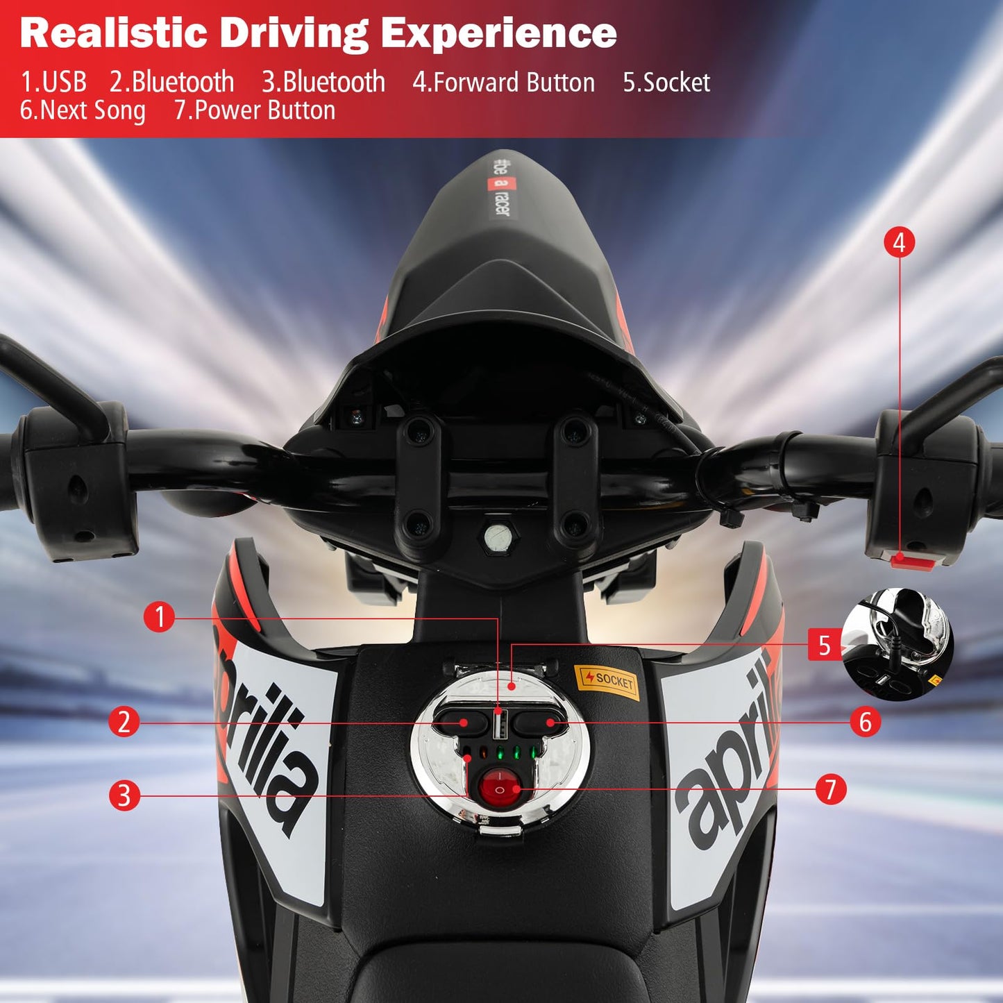 Infans Kids Motorcycle 12V, Licensed Aprilia Rx125 Electric Ride On Motorbike For Toddlers With Training Wheels, Spring Suspension, Headlight, Music, Children Ages 3-8 (Red)