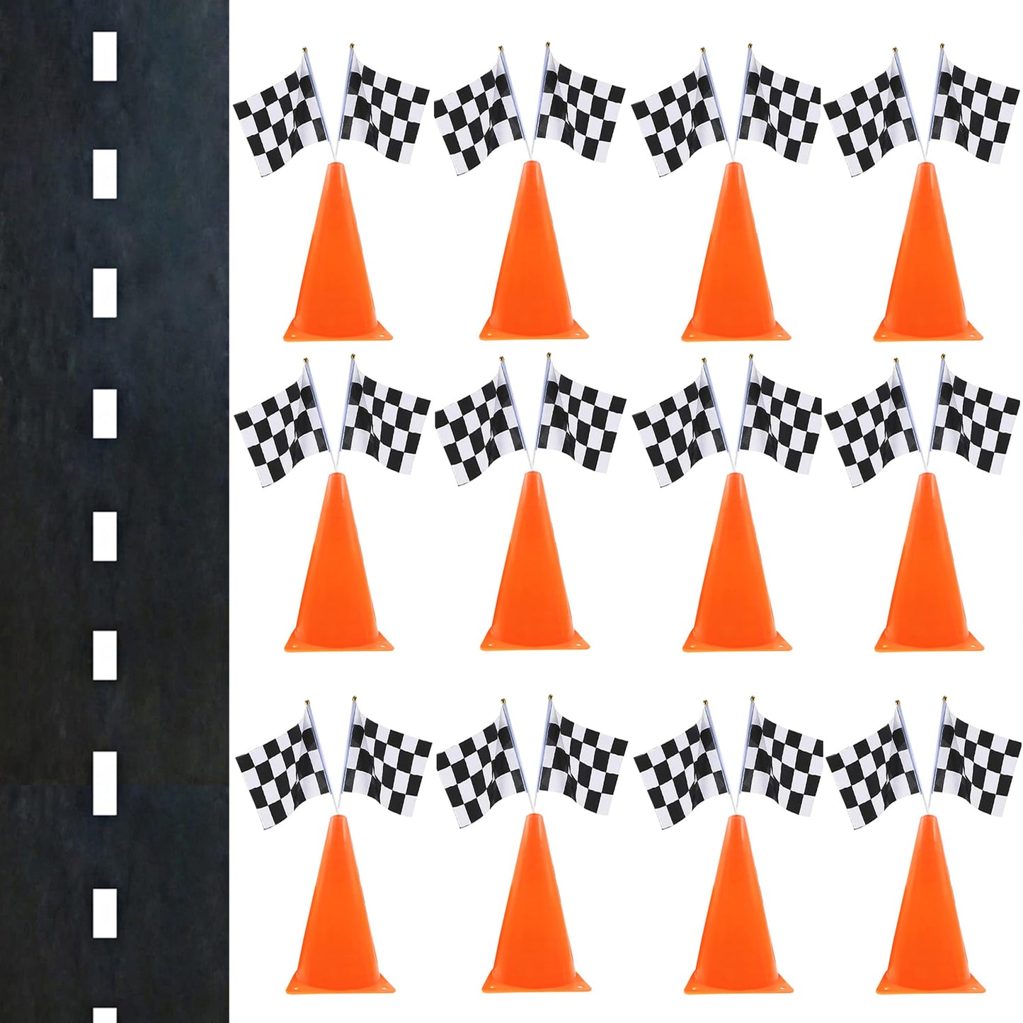 7Inch Orange Racing Traffic Cones Party Decoration With Racing Checkered Flags,11Inch Safety Sport Training Plastic Cones With R