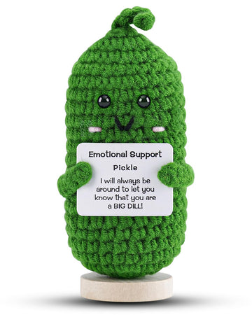 Hoedia Emotional Support Pickle With Wooden Base: Cucumber Crochet Dolls Friend Birthday Gifts For Women Men Coworkers Student -
