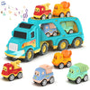 Toddler Car Toys for 3 4 5 Years Old Construction Transport Truck with 4 Pack Small Pull Back Construction Vehicles Friction Pow