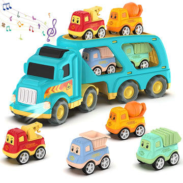 Toddler Car Toys for 3 4 5 Years Old Construction Transport Truck with 4 Pack Small Pull Back Construction Vehicles Friction Pow