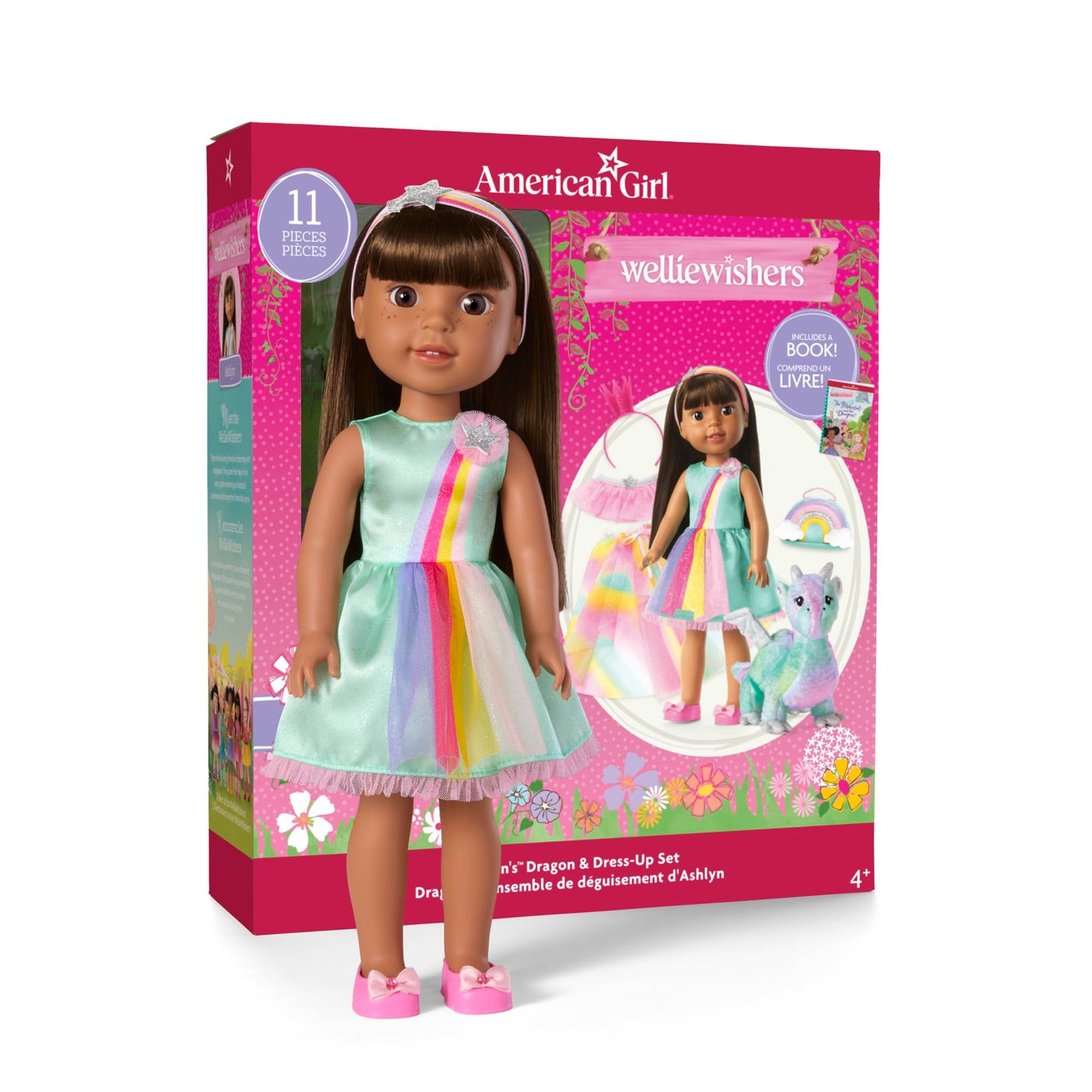 American Girl WellieWishers Ashlyn Doll Playset with Crisella Dragon, Dress & Accessories, 14.5-inch, Multicolor, Model HYK32