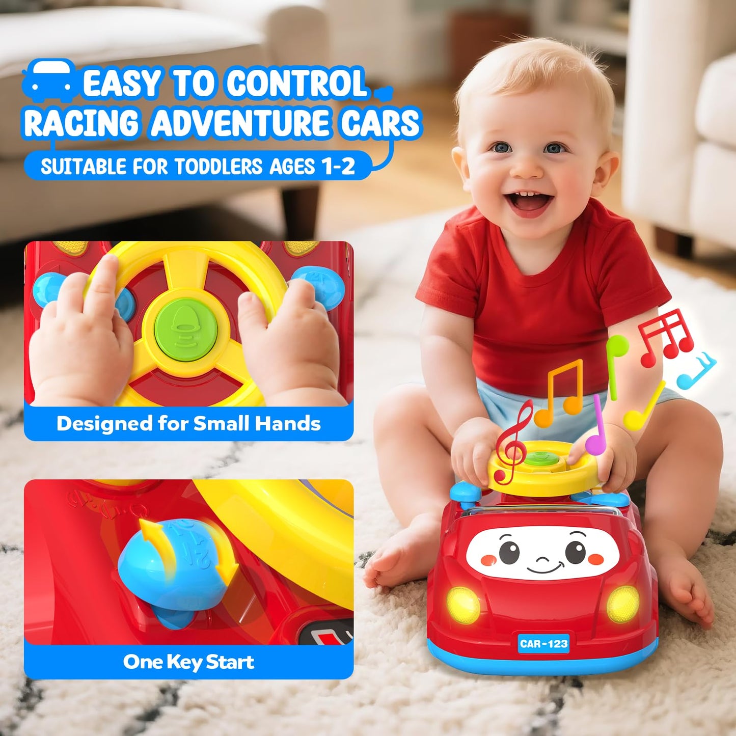 Heygelo 2-in-1 Toddler Push Car & Musical Steering Wheel - Red, Interactive Driving Game for Boys Aged 1-2, Model 2405D