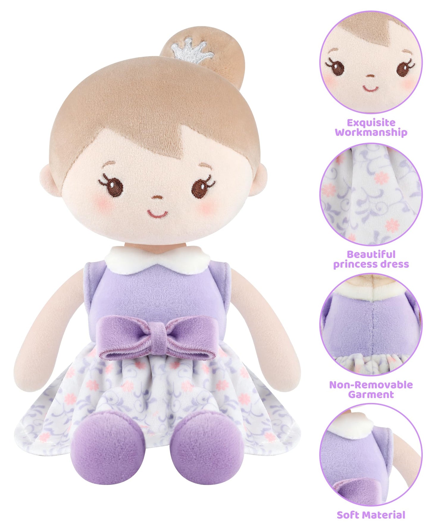 GAGAKU Soft Plush Baby Doll for Girls (12 ) - My First Baby Doll Gift for Girls  Toddlers & Infants  Machine Washable Rag Doll Toy - Purple Skirt Girl