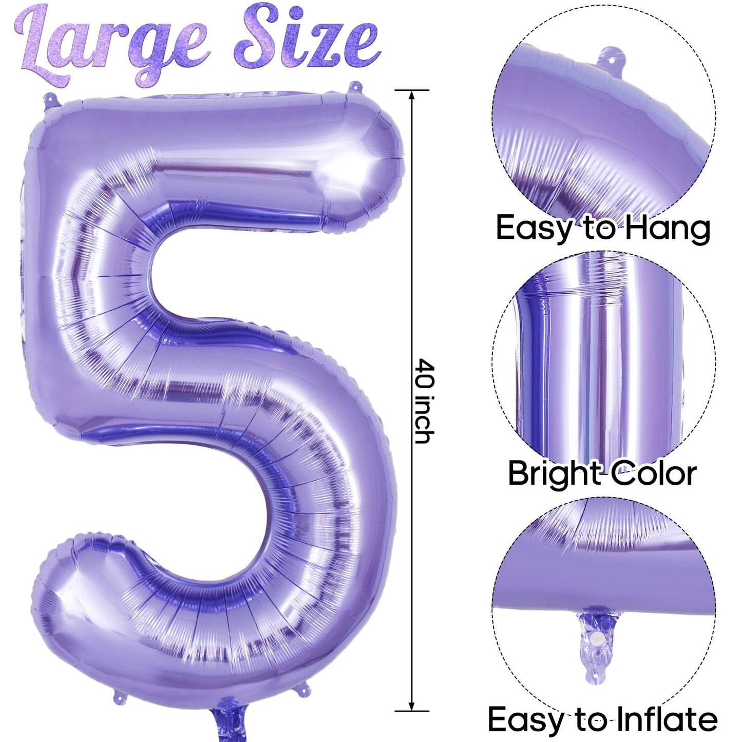 Purple Number 5 Balloon 40 Inch, Big Large Foil Helium Number Balloons, Jumbo Giant Mylar Number 5 Balloons For 5 Year Old Birth