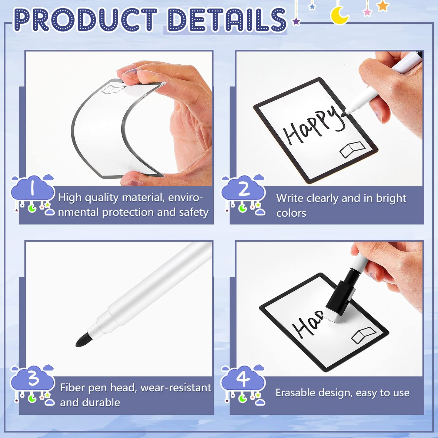 Teling 50 Pcs Multifunctional Tokens Dry Erase Cards Reusable Cards Blank Playing White Flash Erasable Index Bulk With 5 Black Marker Pens For Diy Games, Office, Housework