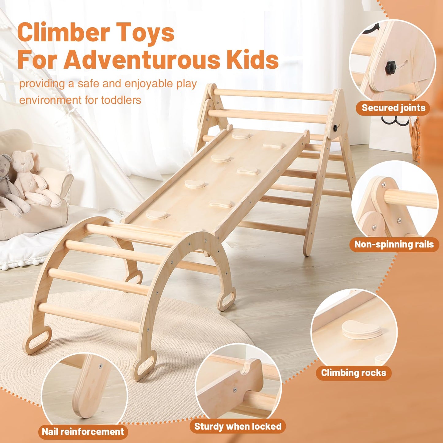Jungledove 5 In 1 Wooden Climbing Toys For Toddlers - Foldable Climbing Triangle,Arch Climber, Climp Ramp - Montessori Toys For