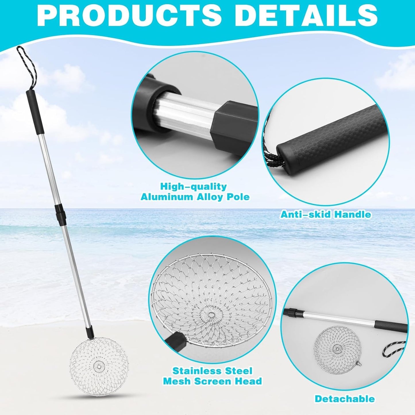 3Pcs Shelling Tools for Beach Include Beach Mesh Shovel, Sand Sifter with Extra Long Adjustable Handle and Mesh Beach Bag, Colle