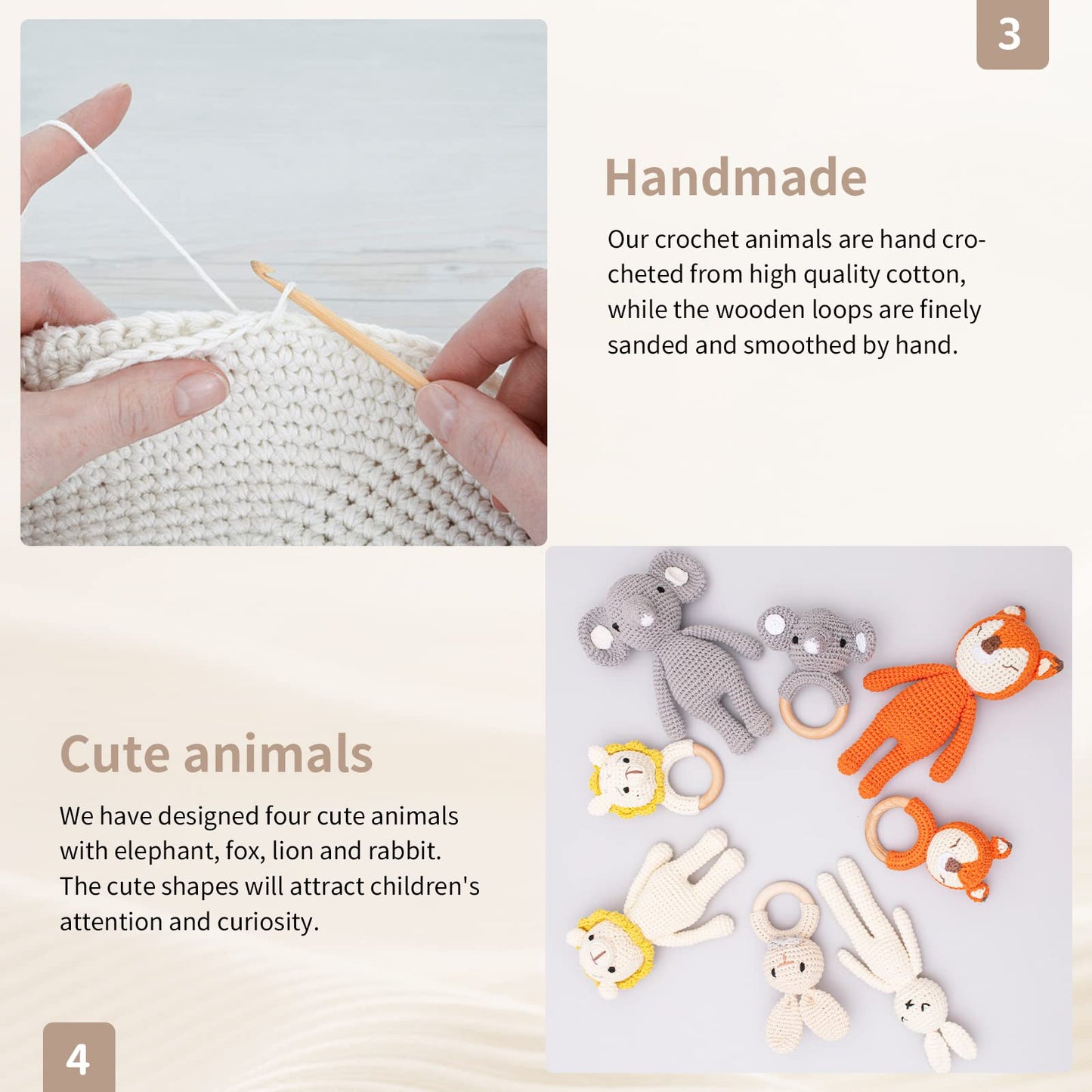 2Pc Wooden Baby Bunny Rattle & Crochet Doll Plush Stuffed Rabbit Animals Toy For Newborn Baby | 100% Handmade Infant Soothe Toys
