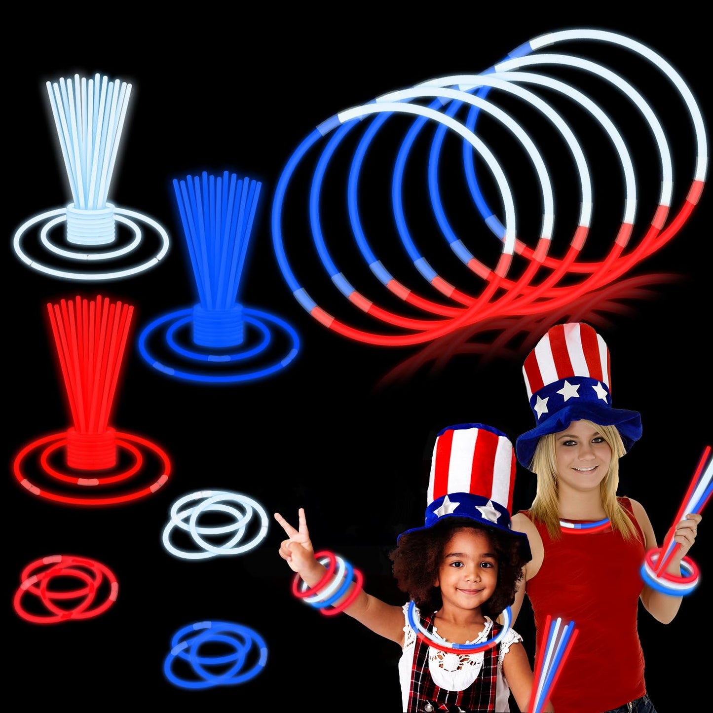 Kannove 240 PCS American Usa Flag Accessories for Kids, Patriotic Red White Blue Glow Sticks Party Favors Supplies Bulk,Light up