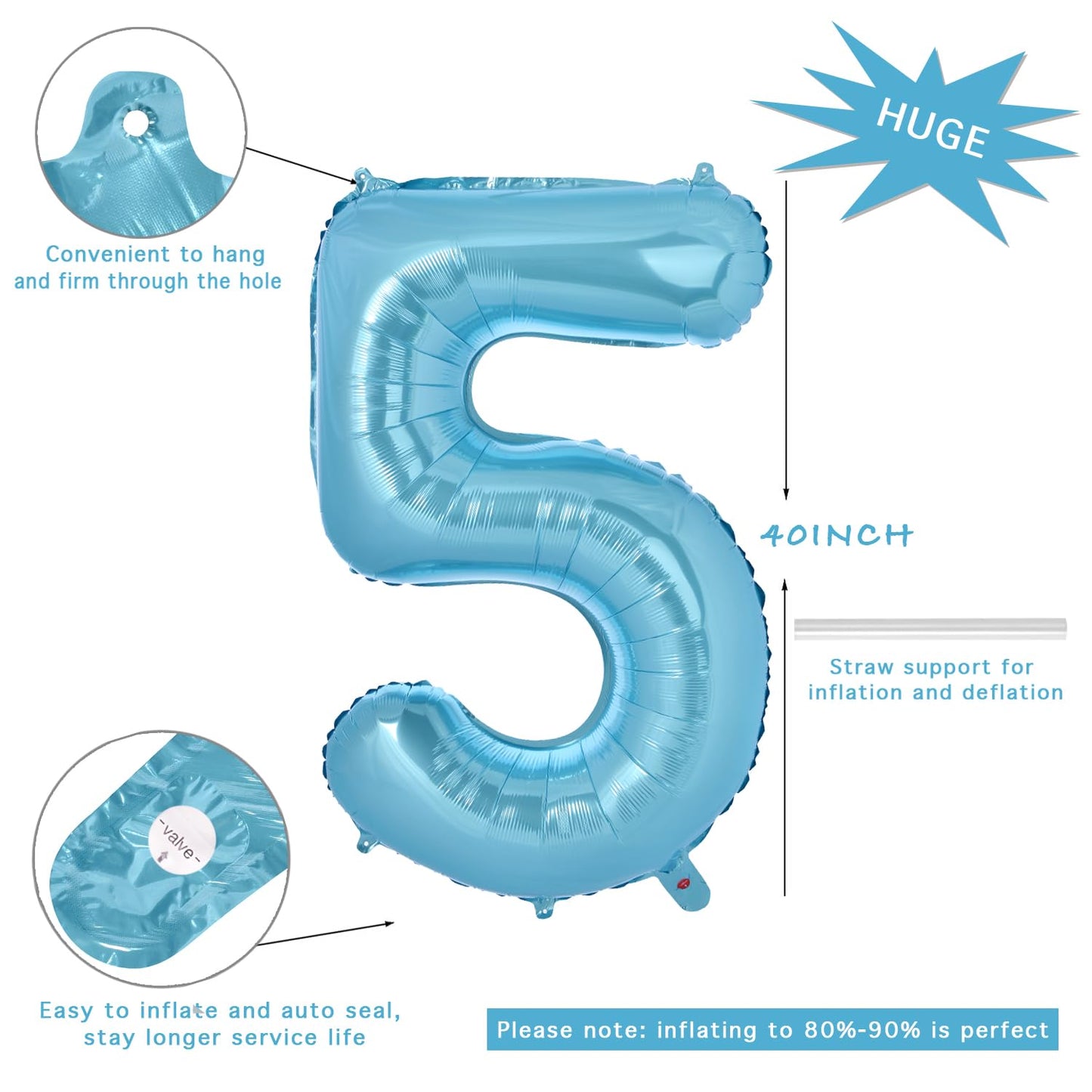 Vonokee 40 Inch Light Blue Giant Number Balloons 5, Jumbo Digital Foil Mylar Balloon For Birthday Party Wedding Anniversary Cele