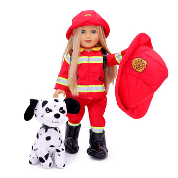 Playtime By Eimmie 18 Inch Doll Clothes - Firefighter Outfit, Matching Hat & Pet Dog Accessories Set - Outfits Fit American, Gen