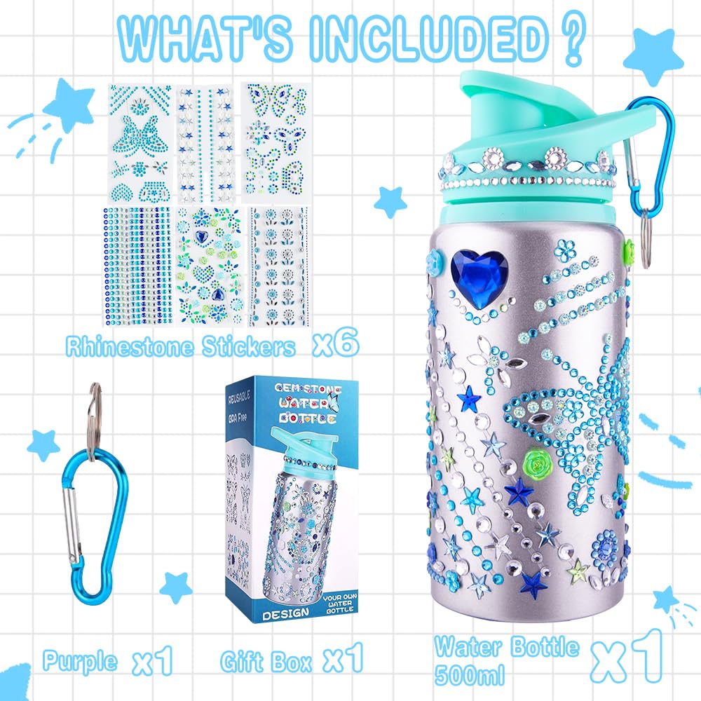 Gift For Girls, 5 6 7 8 9 10 Year Old Girl Birthday Gift, Decorate Your Own Water Bottle With Gem Stickers For Kids, Arts And Cr