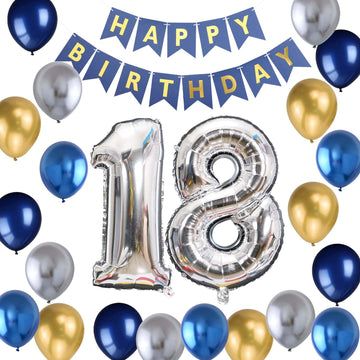 18Th Birthday Party Decoration For Boys, Happy Birthday Banner Blue Number 18 Birthday Balloons Metallic Silver Blue Gold Latex