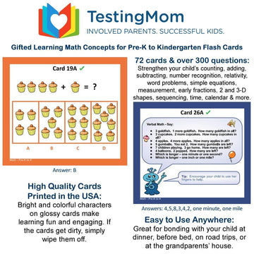 Testingmom.Com Gifted Learning Flash Cards – Math Concepts For Pre-K – Kindergarten – Addition, Subtraction, Counting, & More For Cogat Test, Iowa Test, Nnat Test, Olsat, Nyc Gifted And Talented