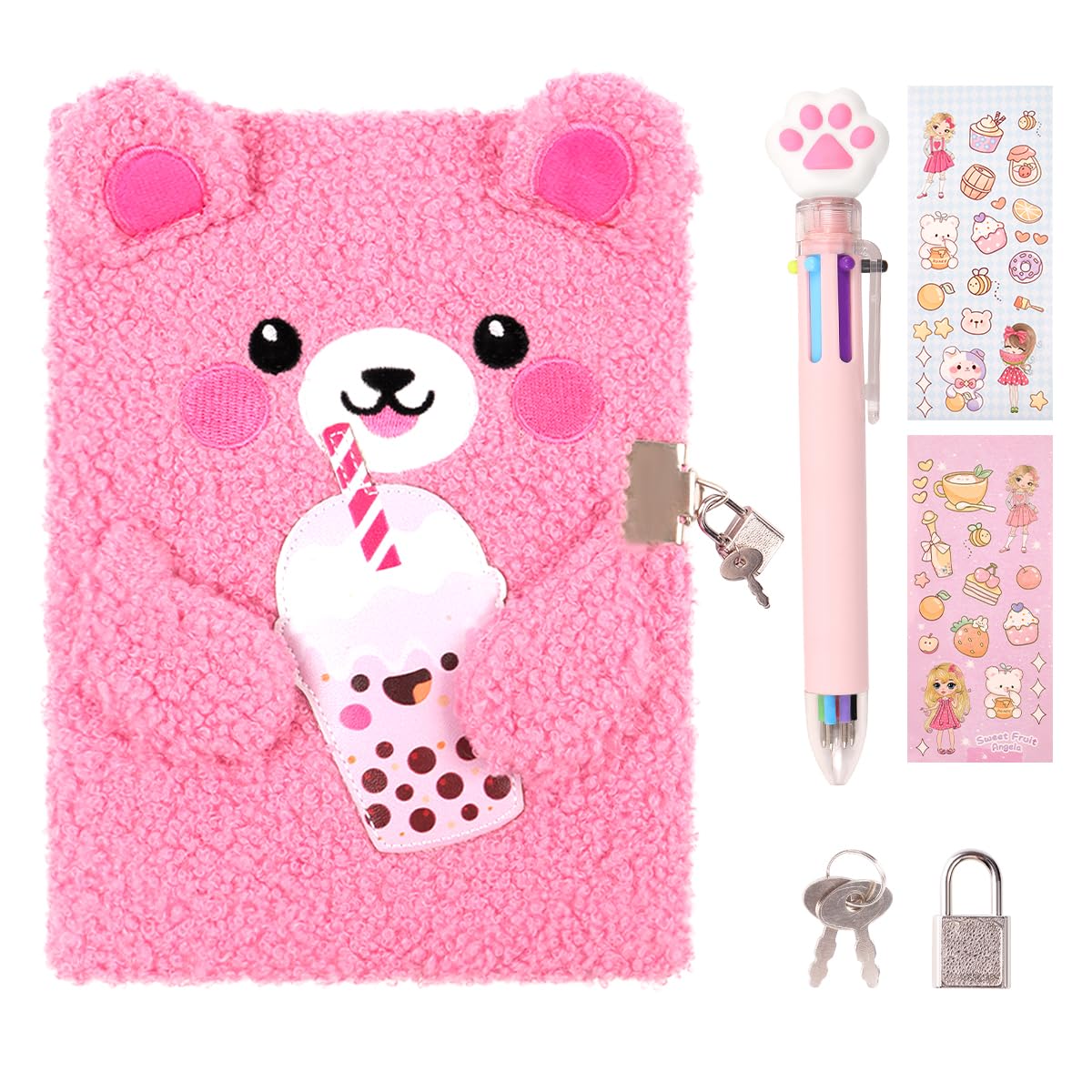 Prinbarbee Bear Diary With Lock,Cute Diary For 6 7 8 Year Old Girl,Kids Journal Notebook Set With Multicolored Pen,Plush Secret