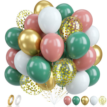 Biapian Pink Green Balloons, 60Pcs Retro Green Pink Gold Balloons, Sage Green White Dusty Pink Latex Balloons Metallic Gold Conf