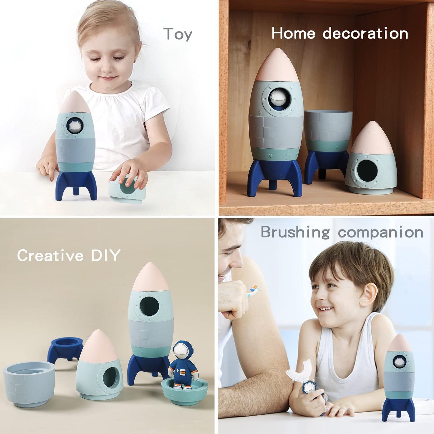 JETM·HH Silicone Rocket Stacking Toy - Blue - Baby Teething & Early Learning Tower for Infants - Medium Educational Nesting Toy