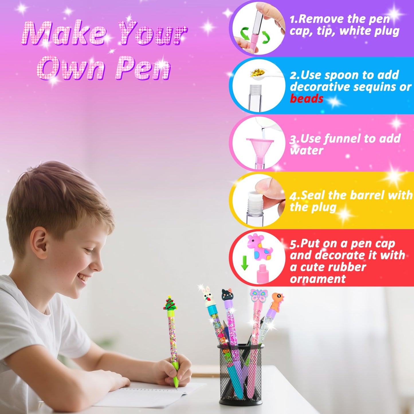 MOMUSE 50 Accessories DIY Pen Making Kit, Fun Pen Creator Studio - Making 12 Sparkly Pens with Sequins Beads, Creative Art Craft