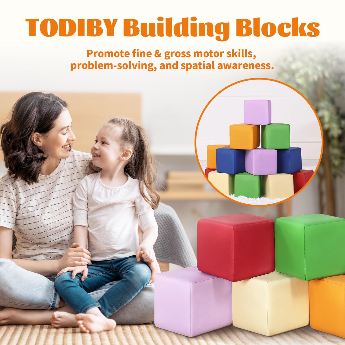 TODIBY Foam Building Blocks for Toddlers:12-Pieces Wipeable Leather Stacking Cubes Kids - Large Soft Toys Play Set for Learning Construction Baby Preschool Daycare Therapy Birthday Gift (Rainbow)