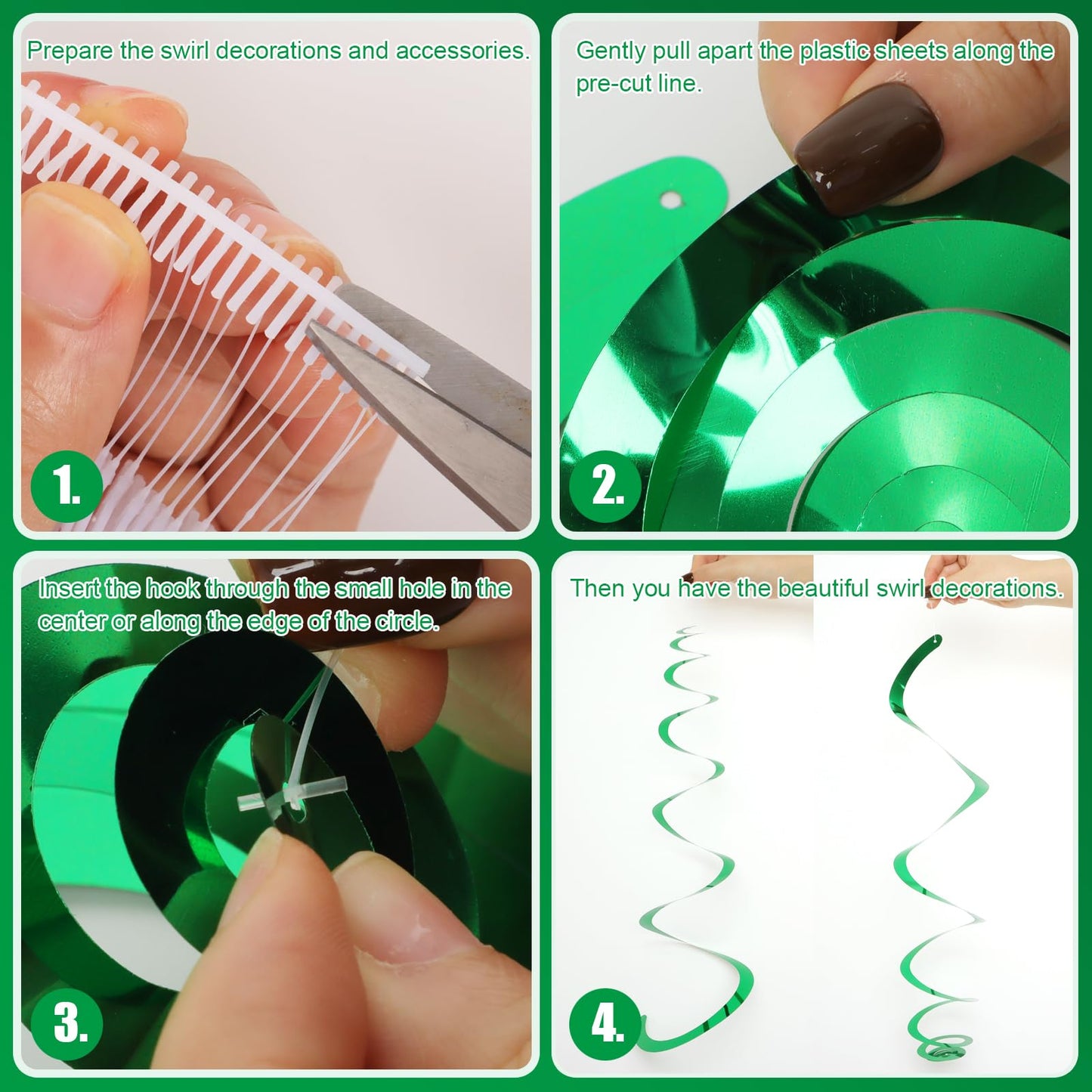 30 PCS Party Swirl Decorations Green Shinny Foil Hanging Swirl Decorations with Double-swirls and Single-swirls Plastic Streamer