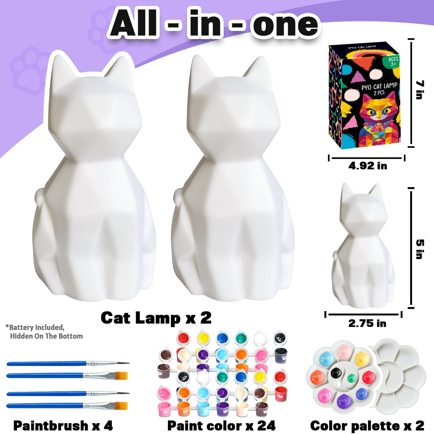FUNZBO 2pcs Paint Your Own Cat Lamp - Arts and Crafts Supplies Kitten Painting Kits for Kids Teens Adults, DIY Night Light Toy f