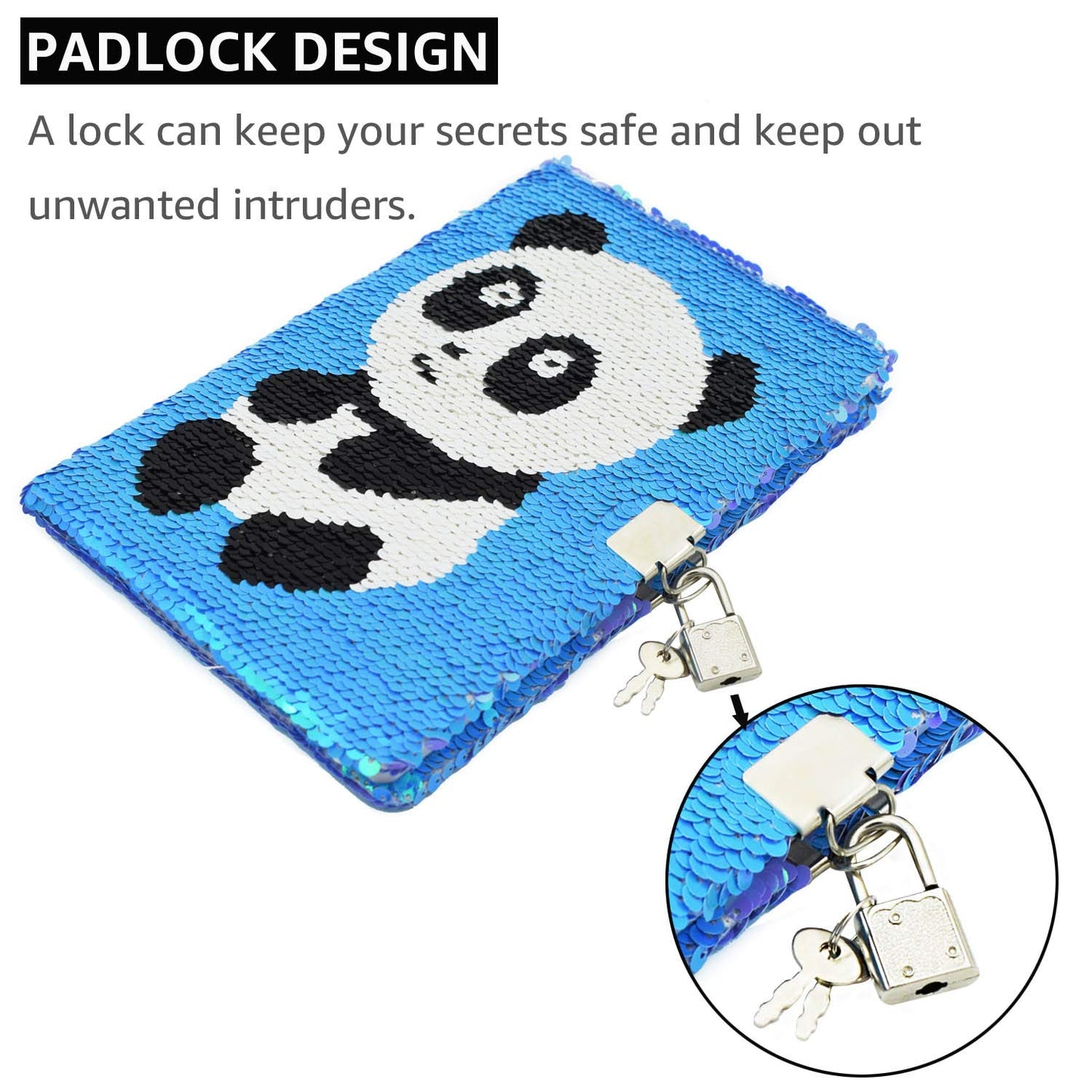 VIPbuy Magic Reversible Sequin Notebook Panda Diary Lined Travel Journal with Lock and Key for Kids Girls, Size A5, 78 Sheets, P