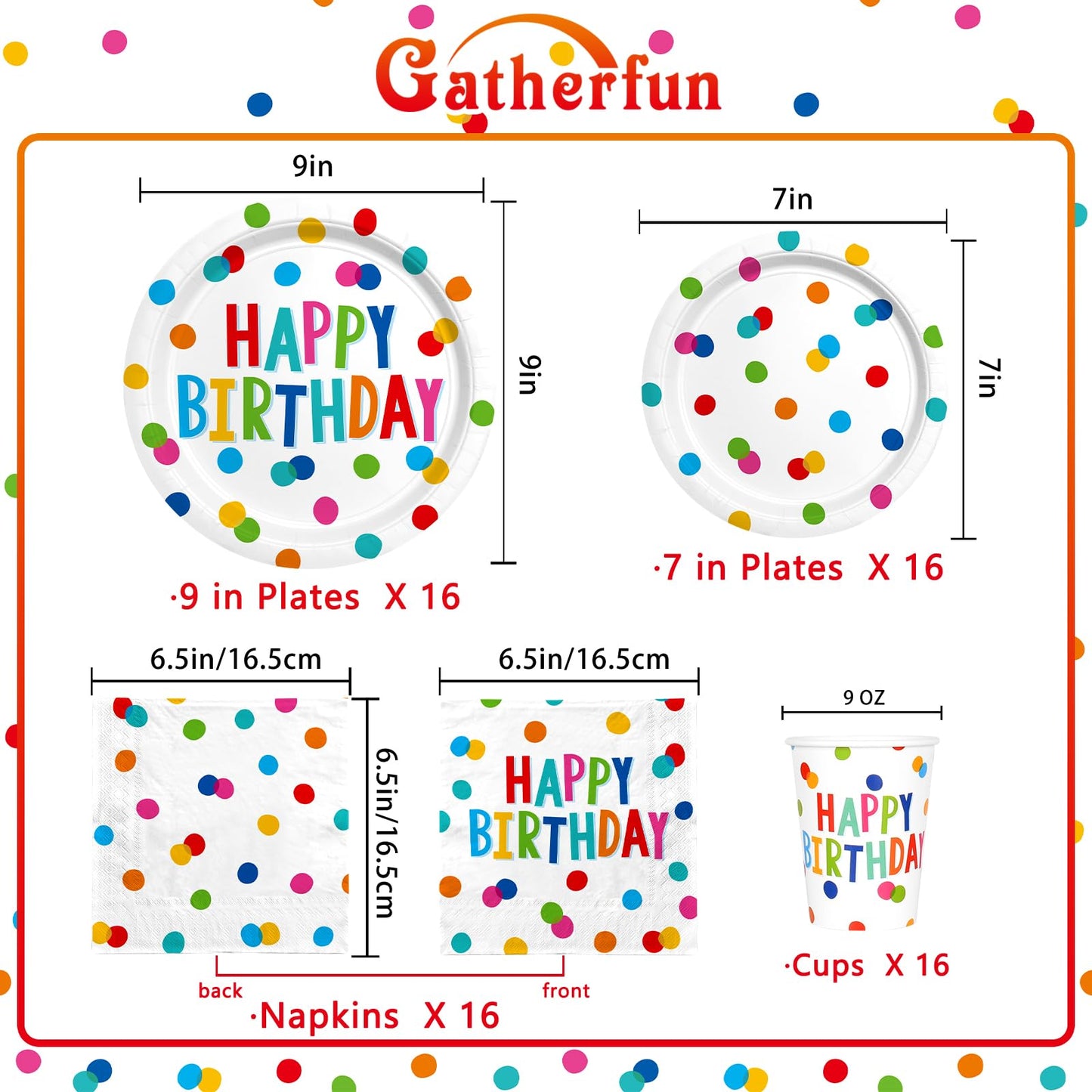 Happy Birthday Decorations: Kids  Birthday Party Supplies with Dots Design - Includes Happy Birthday Plates and Napkins, Dispos