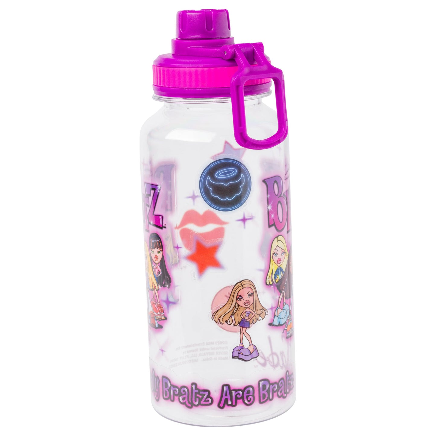 Silver Buffalo Bratz Airbrush Water Bottle, 32oz Plastic, Stickers, Model BTZ705L5, Featuring Yasmin, Sasha, Jade, Cloe