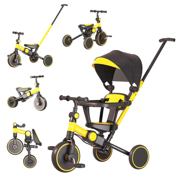 Tricycle for Toddlers 1-3, 6 in 1 Toddler Balance Bike for Boy Girl, Folding Toddler Tricycle with Push Handle, Removable Canopy